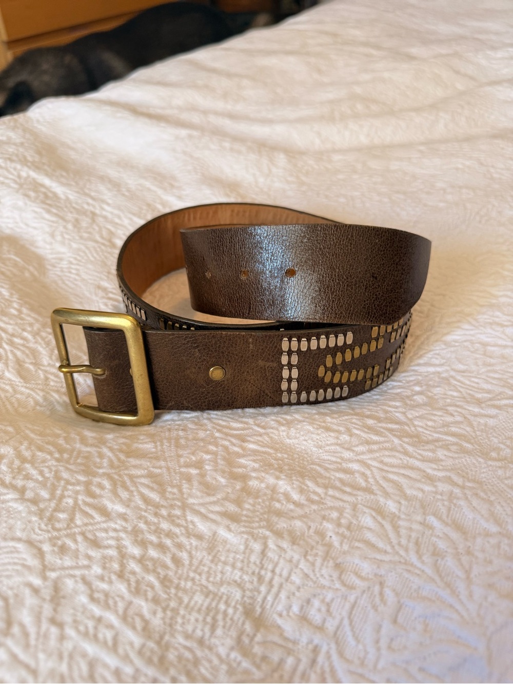 Khaki green Studded Leather Belt with Brass Buckle